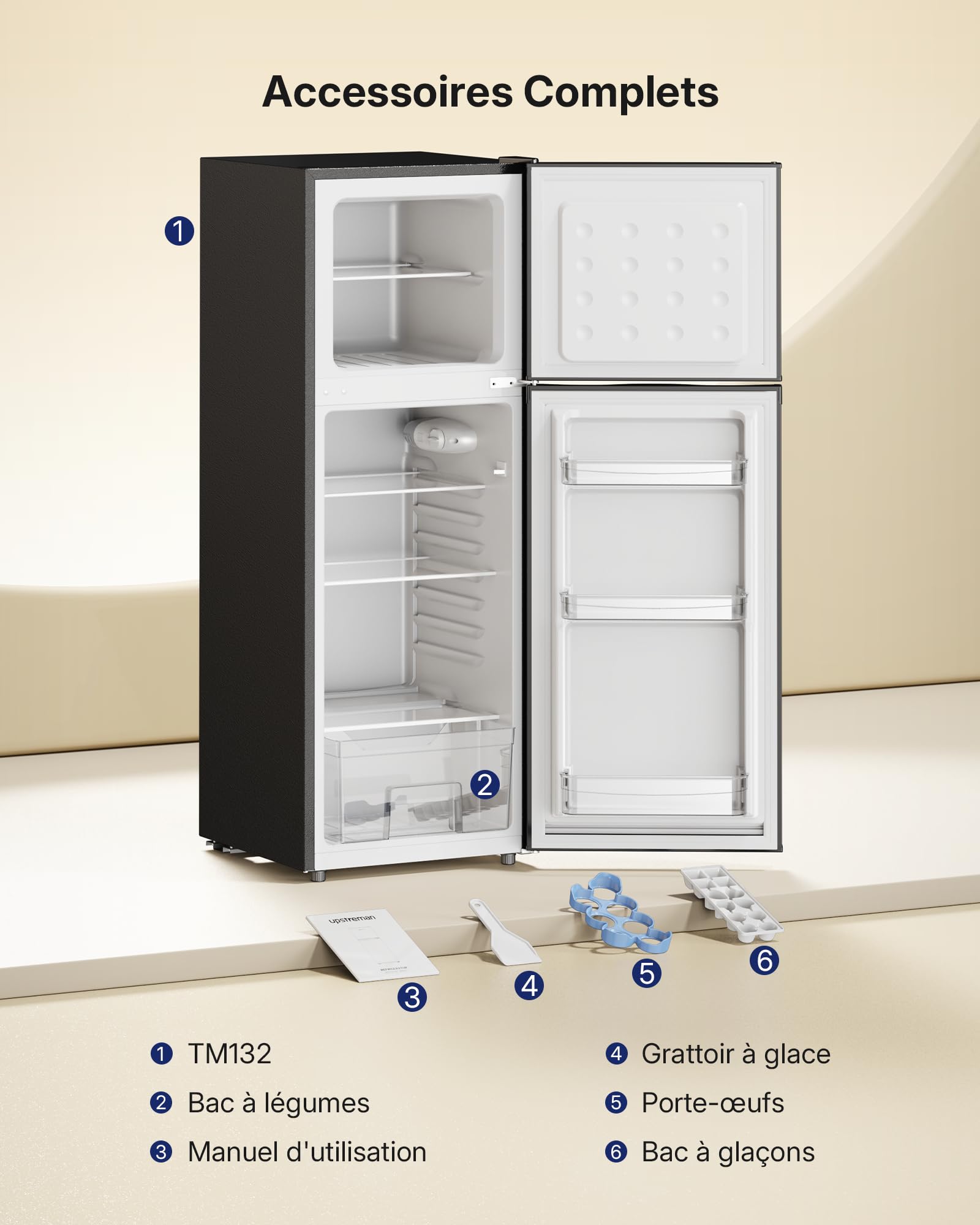 Upstreman Frigo Congélateur Combiné Indépendant 132L (98L Réfrigération + 34L Congélation), 7 Niveaux de Température, Refroidissement rapide, Frigo Noir pour Studio, Petit Appartement et Bureau, TM132