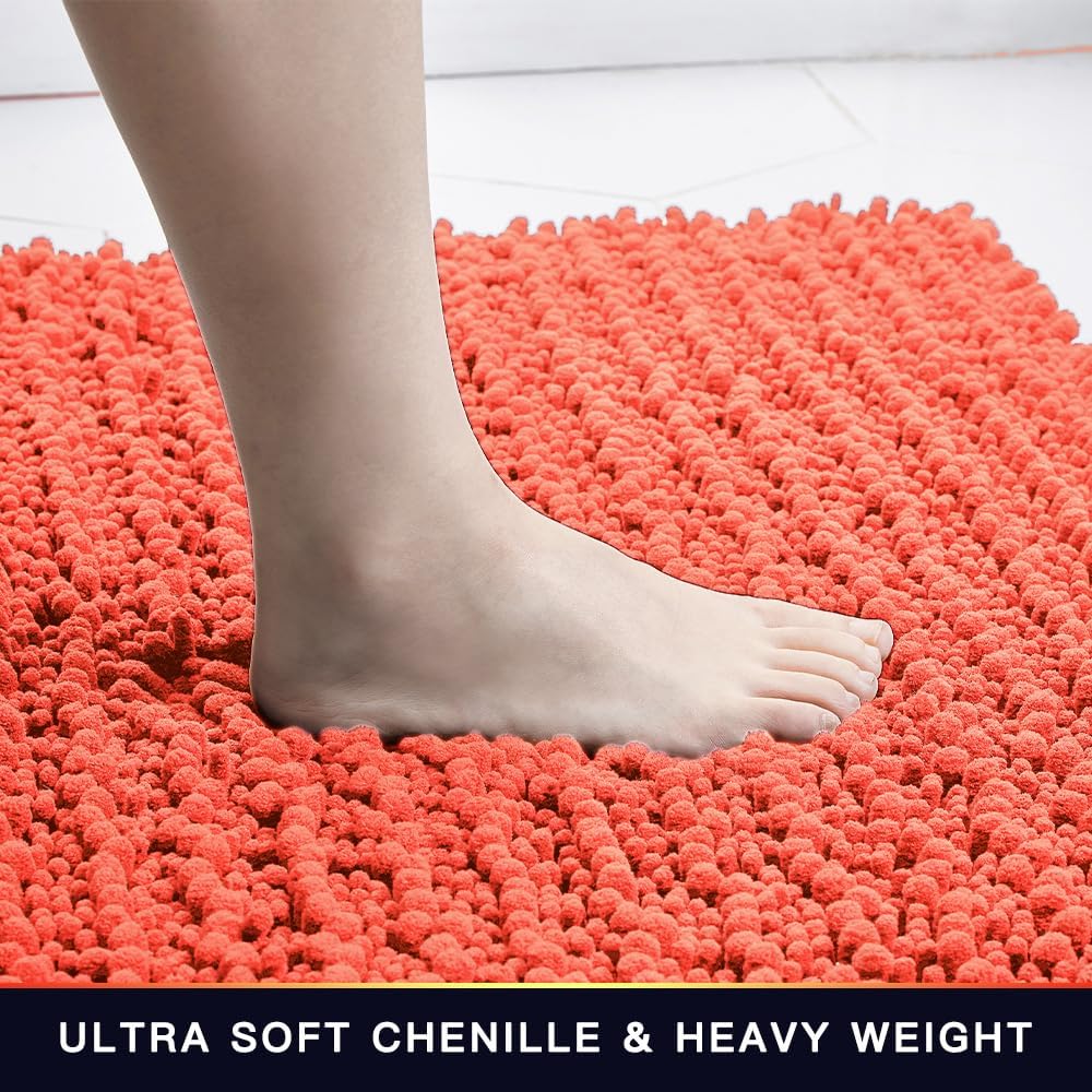 Walensee Bathroom Rug Non Slip Bath Mat (24x17 Inch Coral) Water Absorbent Super Soft Shaggy Chenille Machine Washable Dry Extra Thick Perfect Absorbant Best Small Plush Carpet for Shower Floor - Image 3