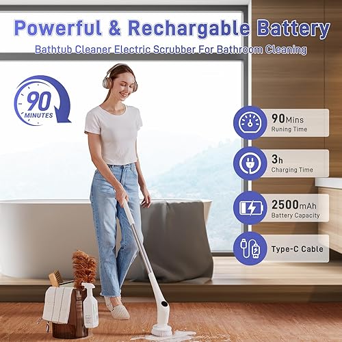 Miniatura 2 de Limpiador eléctrico giratorio  Limpiador de ducha para bañera, cepillo de limpieza de baño, cepillos de piso con mango largo, limpiador automático