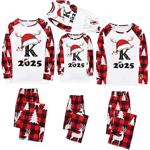 Family Christmas Pajamas Matching Sets Red 2025 Initials 26 Letter Prints Plaid Xmas Pjs Family Soft Loungewear Sets