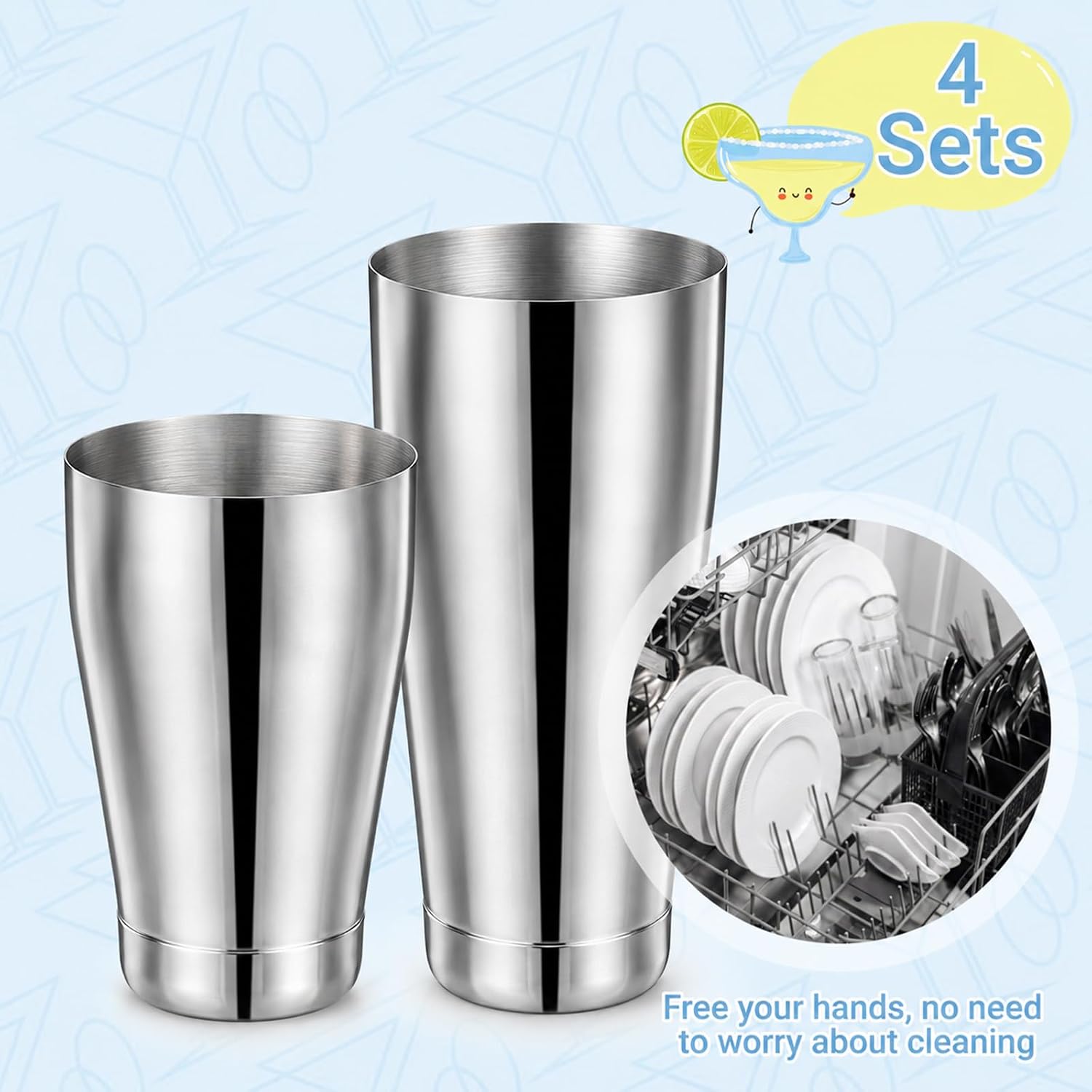 8 Pcs Cocktail Shaker Boston Shaker Set, 18oz & 28oz Silver Professional Bartender Kit Stainless Steel Drink Shaker for Home Restaurants Bar Use