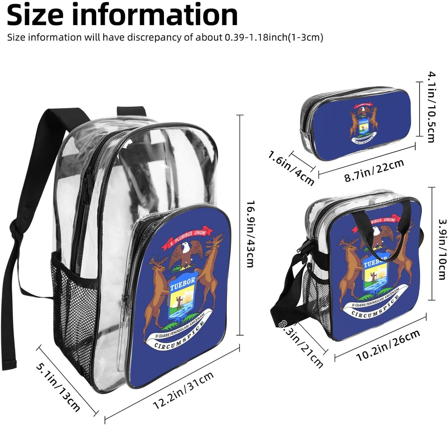Michigan State Flag Print Unisex Transparent Backpack Set Travel Outdoor With Clear 3-Piece Lunch Pen Case