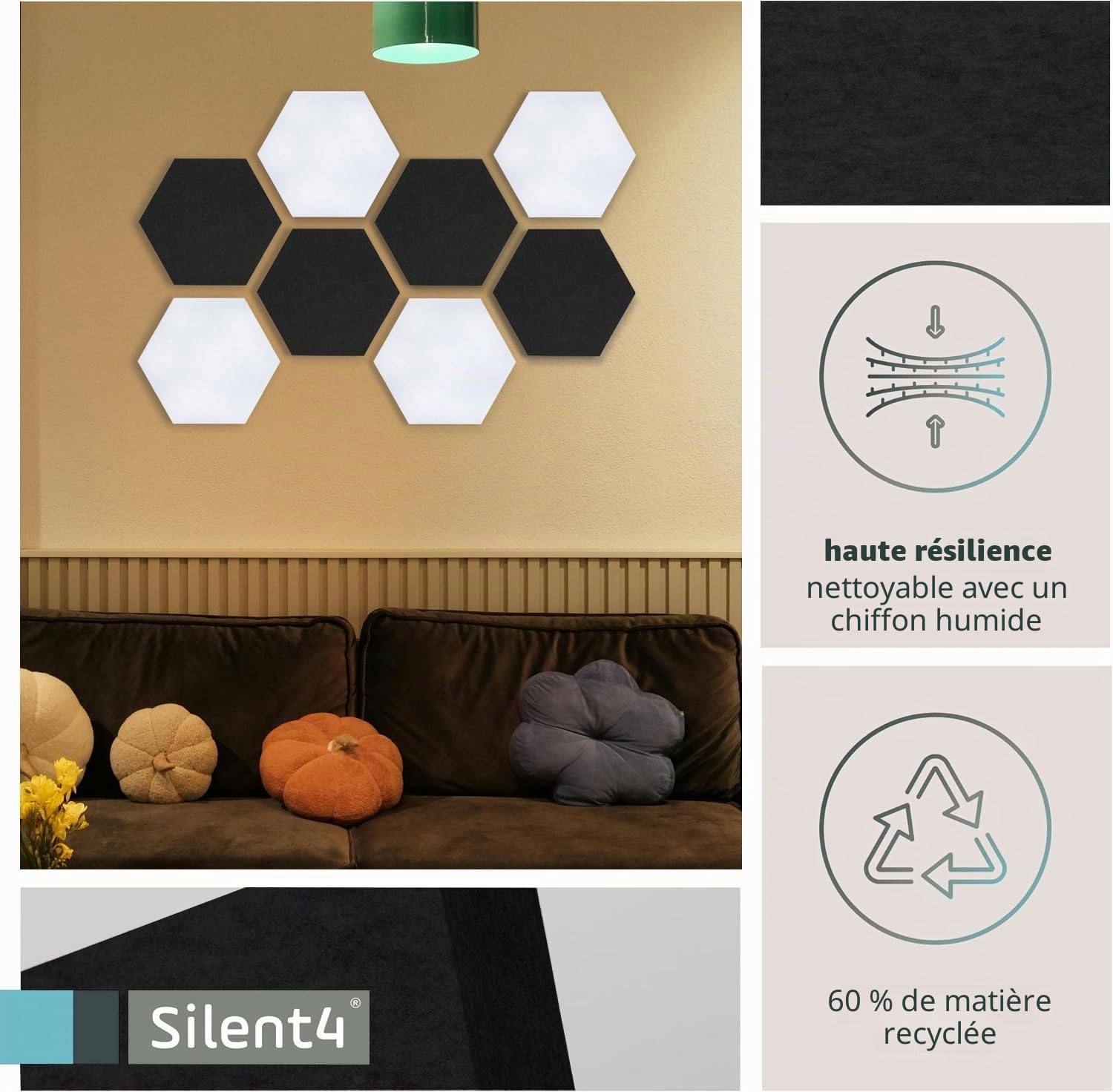 SILENT4® Hexagon Lot de 8 absorbeurs acoustiques muraux en non-tissé - Montage adhésif - Image acoustique blanche et noire - Meilleur son grâce aux panneaux acoustiques