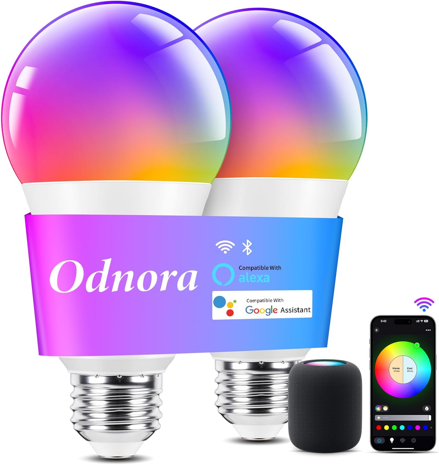 Smart Light Bulbs, Work with Alexa & Google Assistant, 9W LED Light Bulbs Color Changing RGBTW Dimmable, 2.4GHz WiFi Bluetooth Smart Bulb 60W Equivalent, APP Control, A19, E26, 800LM, 2 Packs