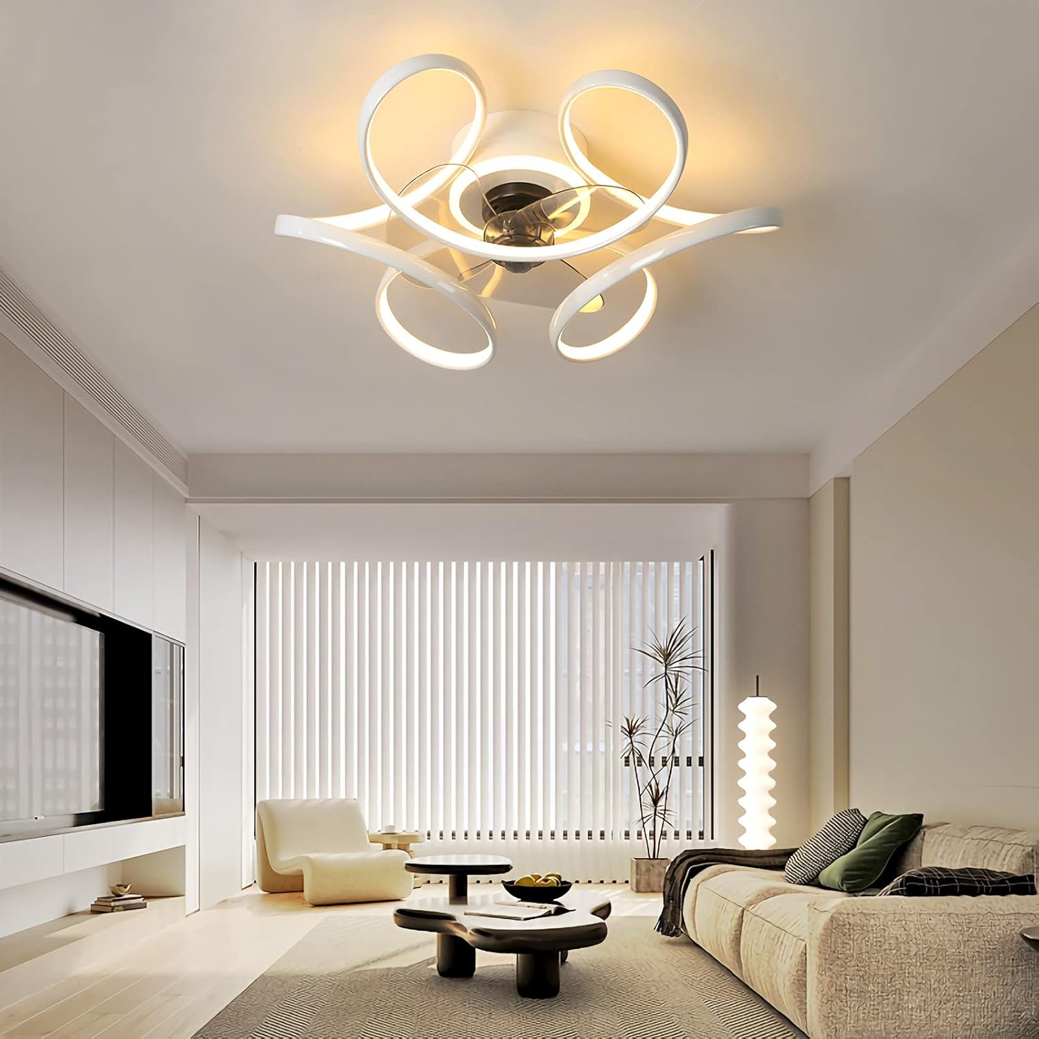 YUEGOO Ceiling Fans with Lamps,Dc Reversible 6 Speed 40W Ceiling Fan Chandelier Led Dimmable Mute Ceiling Lights with Fan Winter Summer Mode for Bedroom Lounge Dining Room/Black/White