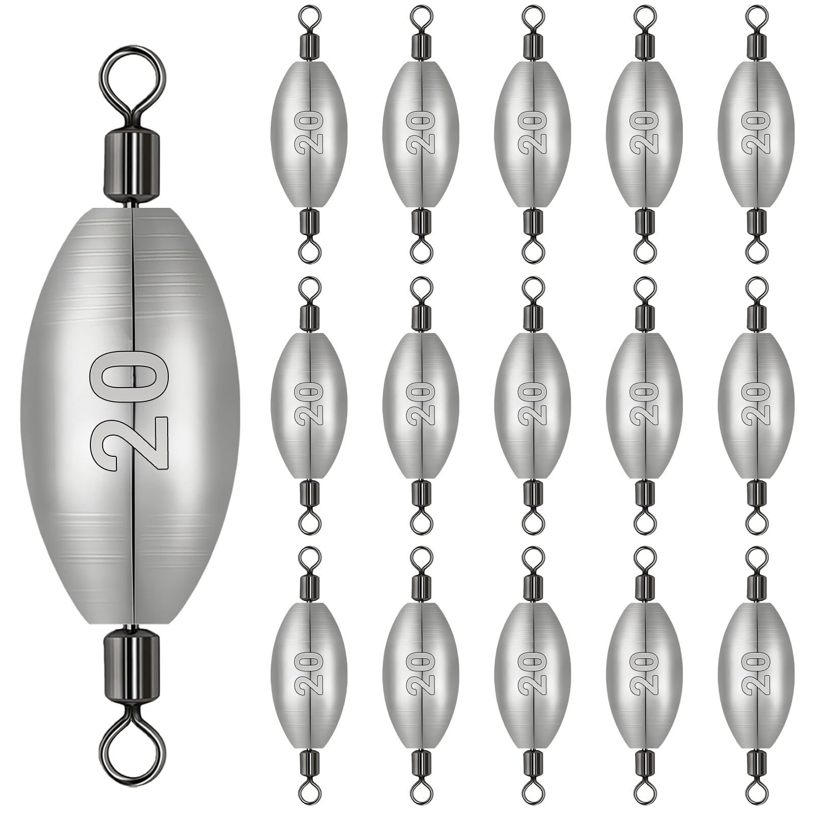 15pcs 20g Fishing Weights Sinkers, Inline Trolling Weights with Inner Swivels, Egg Sinkers for Saltwater Freshwater Fishing Tackle