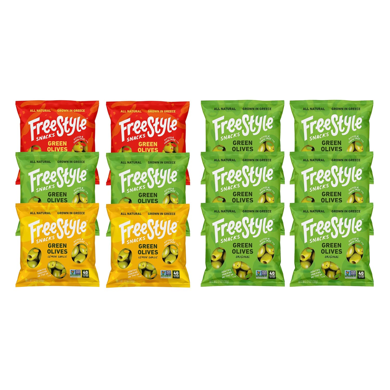 Freestyle Snacks Olive Packs - Single Serve Bundle - Green Olive Variety, 1.1oz (6 Pack) + Original, 1.1oz (6 Pack) - Fresh Pitted Olives, Jumbo-Sized, Grown in Greece, All Natural, Non-GMO & Vegan