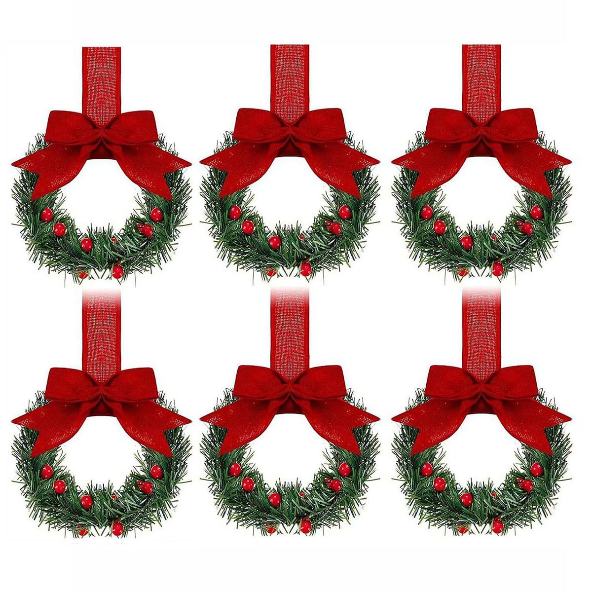 6pcs Wreath Christmas Artificial Wreath With Berry Ribbon Holiday Decor