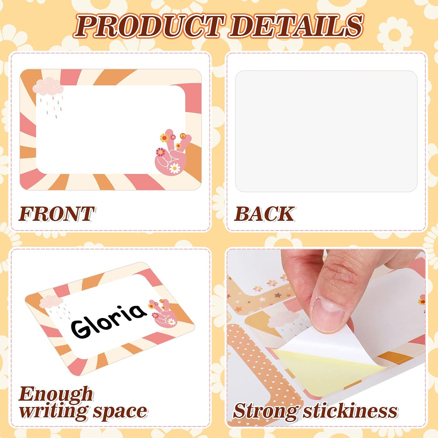 AnyDesign 180Pcs Groovy Name Tag Stickers Rainbow Butterfly Flower Self-Adhesive Nameplate Decals Rectangle Blank Name Labels for Office Classroom Bulletin Board Desk Locker Decor, 6 Designs image 3
