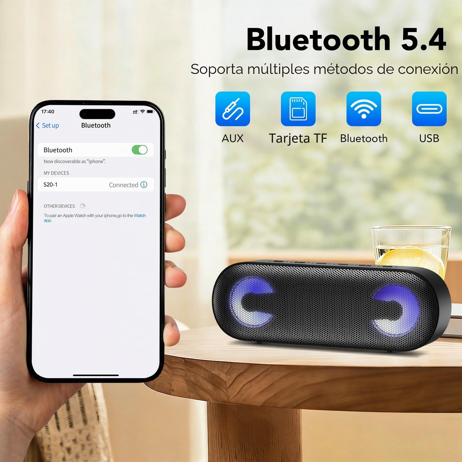 Altavoz Bluetooth Portátil Potente 40W, Altavoces Bluetooth 5.4 con Emparejamiento TWS,7 Cambios RGB, 30 H Reproducción, Impermeable IPX7, Speaker de Exterior para Viajes/Deportes/Fiestas/Ciclismo