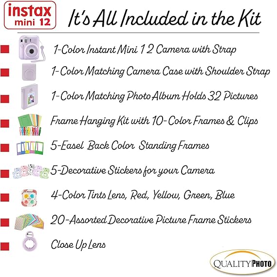 Fujifilm Instax Mini 12 Instant Camera with Accessories Kit for Case, Decorative Stickers, Frames, Photo Albums and More Lilac Purple