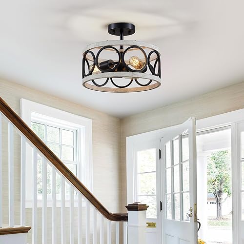 Miniatura 8 de XINGQI Moderna lámpara de techo de granja, 3 luces, lámpara de techo de granja con acabado de grano de madera blanca, luces de techo semiempotradas,