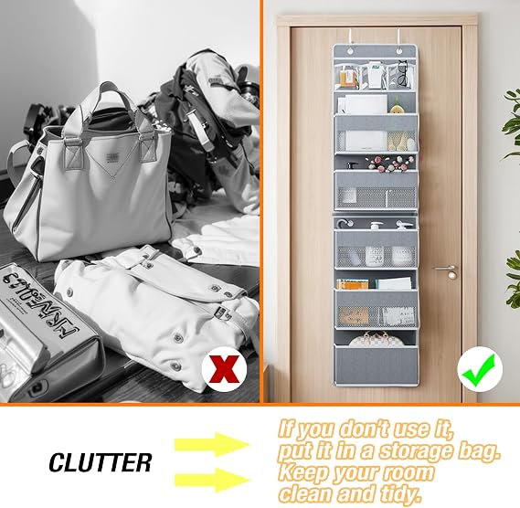 Over Door Storage Hanging Wardrobe Organiser with 6 Large Clear Pockets, 2 Metal Hooks, Hanging Handbag Storage for Bathroom Closet Dorm Nursery (Removable - Grey)