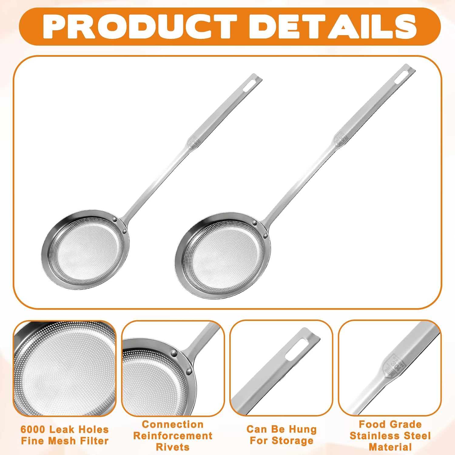2 Pack Fine Mesh Stainless Steel Colander Filte Grease Foam Extra Fine Strainer with Handle Sieve Spoon for Oil Filter Food Strainers Kitchen Gadget for Oil Vegetable Quinoa Tea Juice (Large+Small)