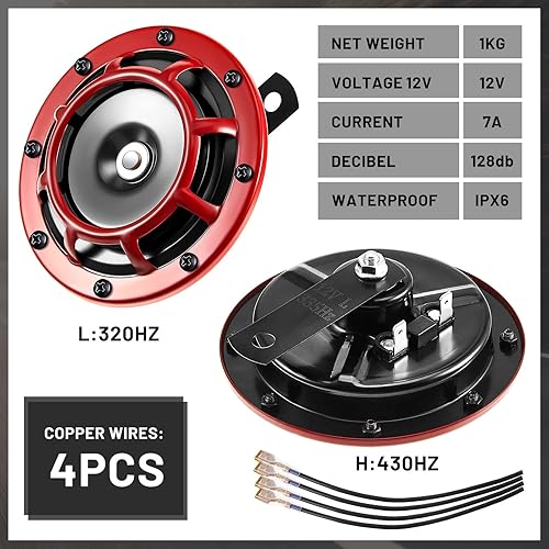 Miniatura 4 de Tallew Bocina eléctrica de tren de 12 V con parrilla protectora roja, 128 dB, tono alto, tono bajo, metal para auto, camión, motocicleta, bicicleta,