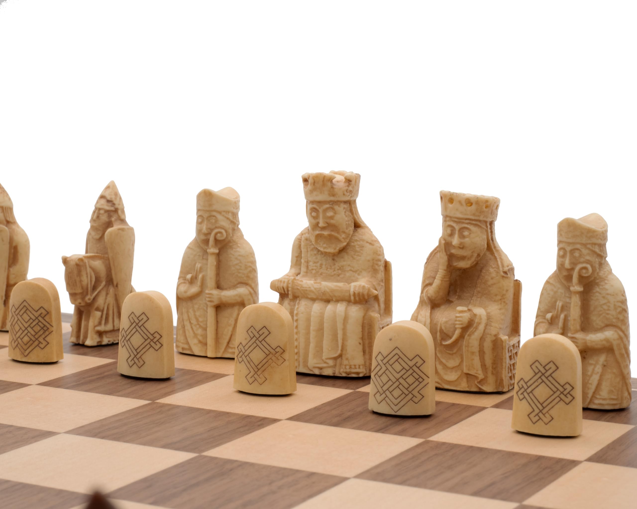 Ensemble d'échecs de luxe de l'île de Lewis – Lesté et feutré – Planche de placage noyer et érable avec protections en caoutchouc – Comprend des règles, un dépliant de l'île de Lewis et un chiffon de