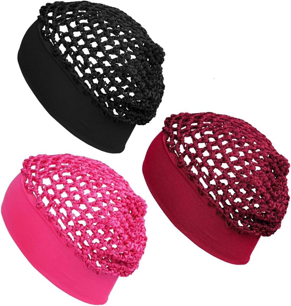 Wide Edge Elastic Band wrap Rayon Knit Snood Hat, Black, Hot Pink, and Burgundy, Stretchy Hair Net Cap, 3 Pack