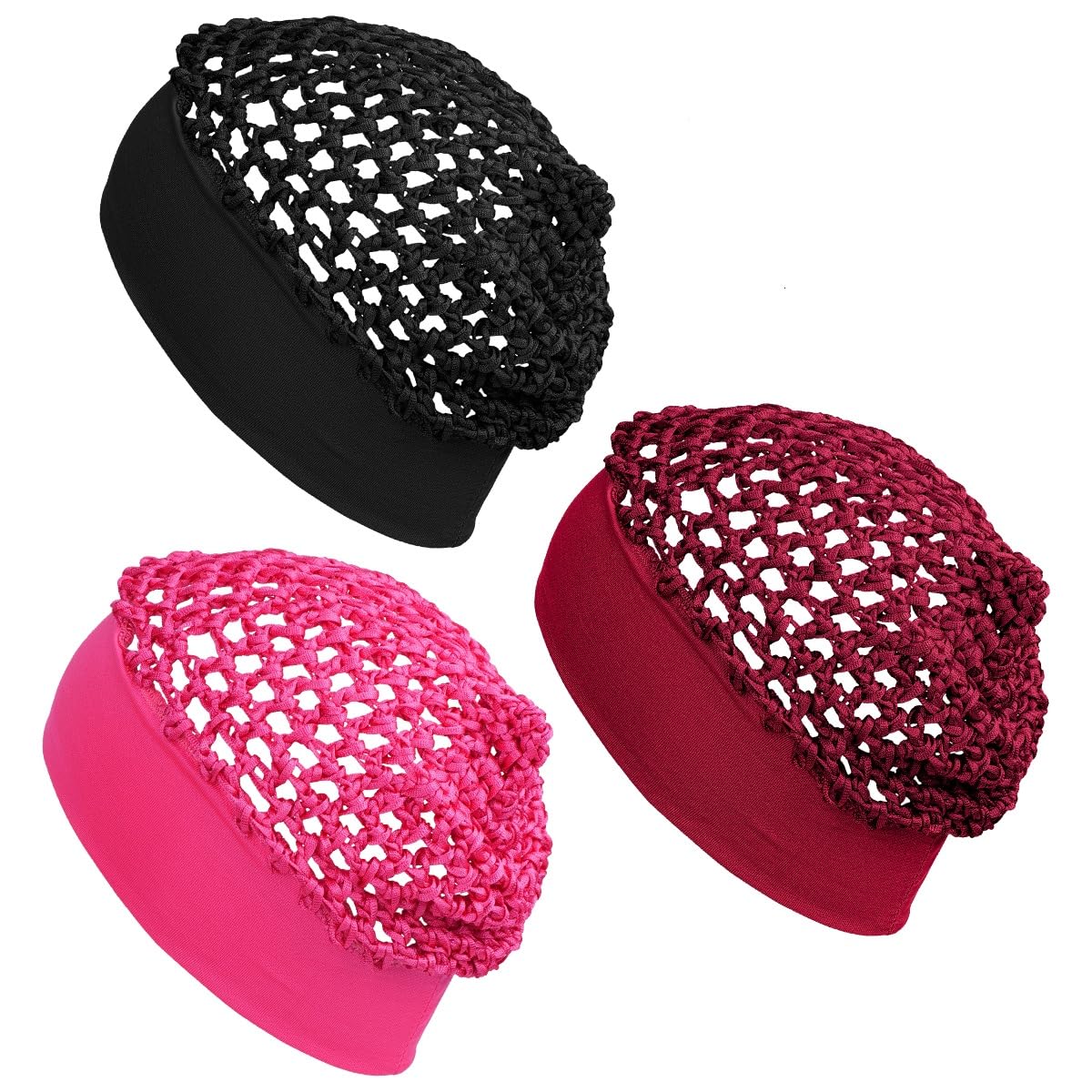 Wide Edge Elastic Band wrap Rayon Knit Snood Hat, Black, Hot Pink, and Burgundy, Stretchy Hair Net Cap, 3 Pack