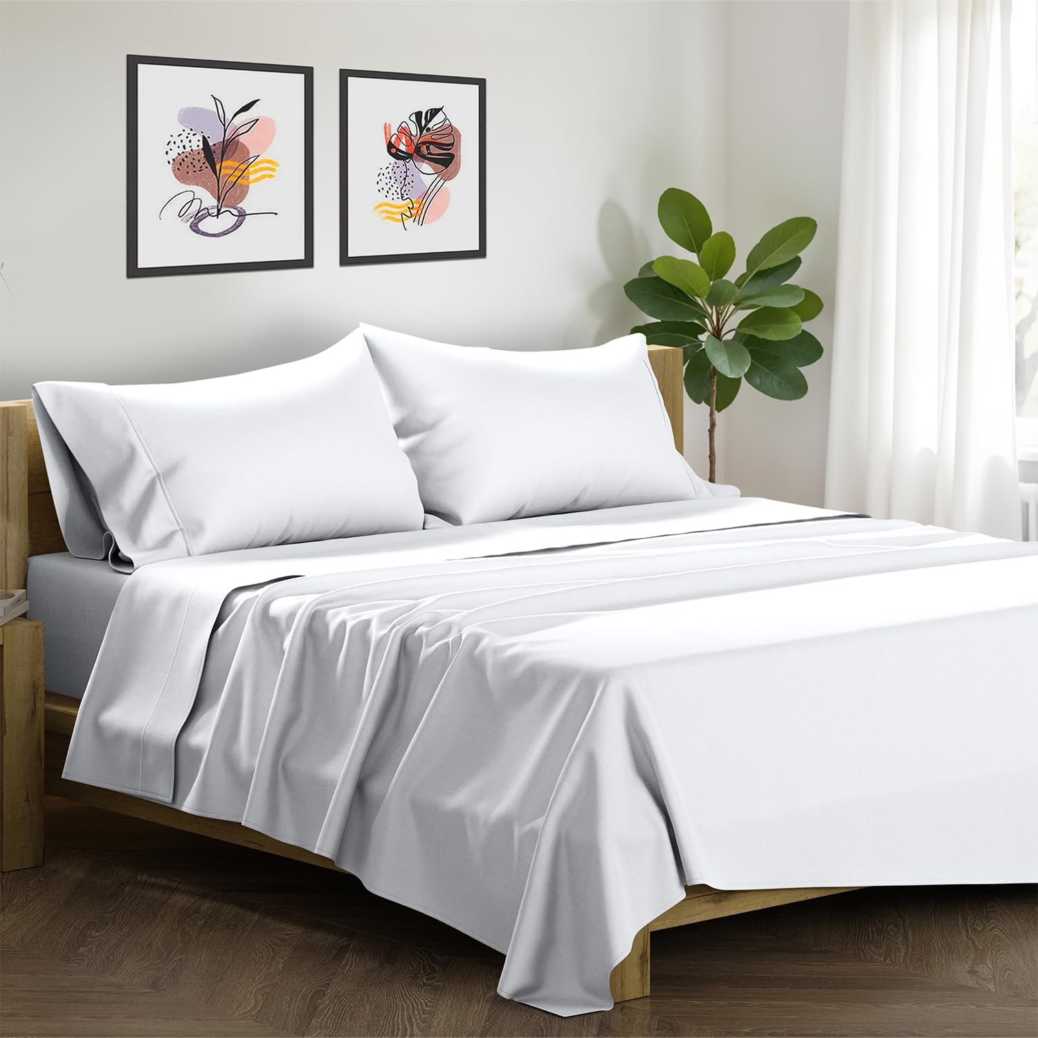 XOOX Linen 100% Egyptian Cotton King Size Sheets Set - Luxury 1500 Thread Count Egyptian Cotton Bed Sheets King Size, Soft, Cooling, Sateen Weave 17" Deep Pocket Bed Set (4 PC, White)