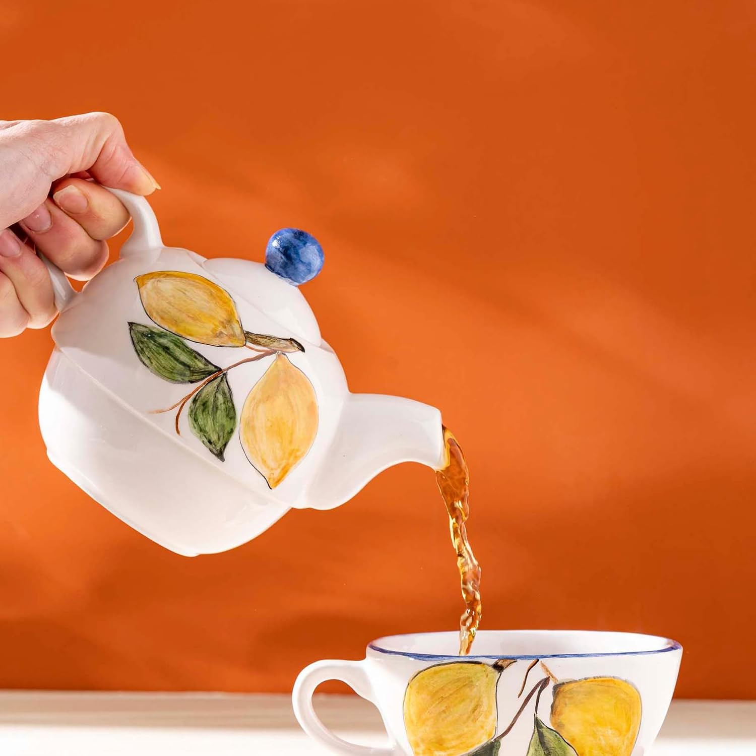 4-Piece Ceramic Tea Set with Teapot and Cups | Porcelain Tea Cup & Saucer Set for Adults | Elegant Vintage-Style Gift for Women, Girls, Parties, Christmas & Home Tea Time (Lemon Pattern)