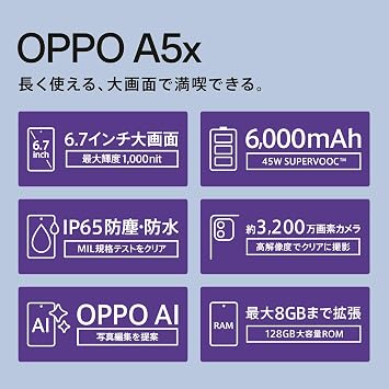 OPPO A5x Smartphone Body Blue CPH2725 Japanese Authorized Retail Stock Sim-Free Smart Phone