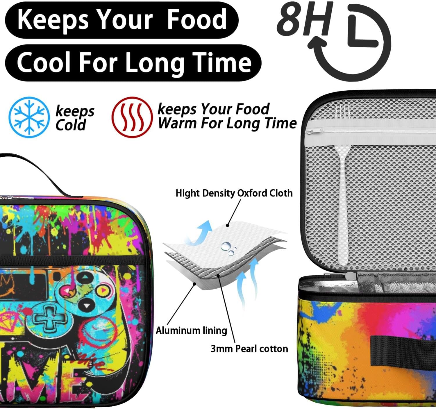 Graffiti Video Game Kids Lunch Box for School Boys Girls, Insulated Reusable Gaming Lunch Box Bag, Waterproof Leakproof Lunchbox Cooler Container Bag for Teen Boy School Picnic Travel