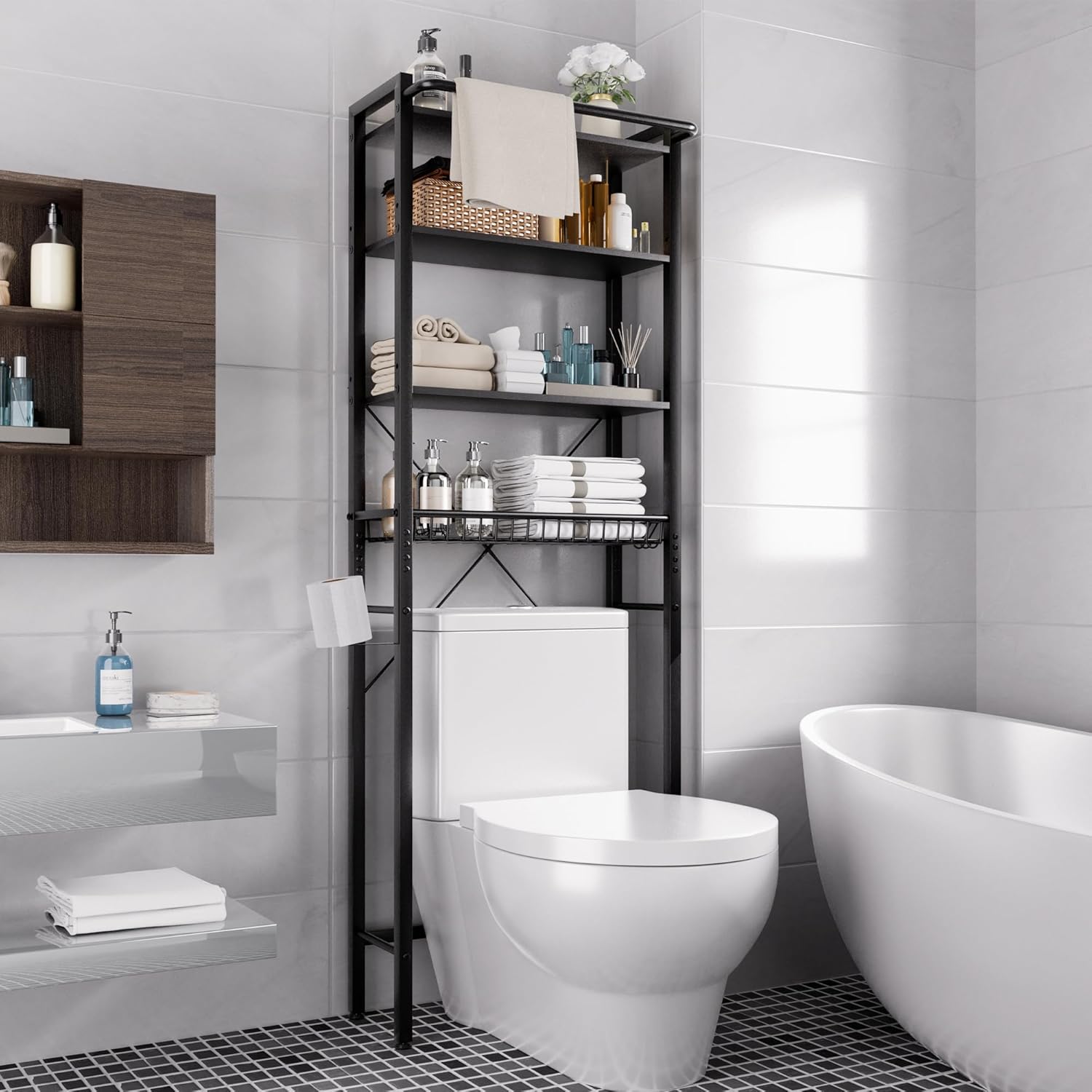 Over-The-Toilet Storage Shelf, 4-Tier Bathroom Organizer Shelf, Freestanding Space Saver Shelves Over Toilet with Adjustable Shelf for Bathroom, Brown