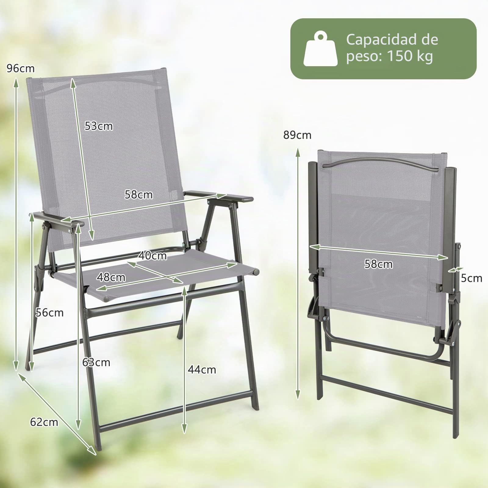 GIANTEX Juego de 2/4 Sillas de Exterior Plegables, Sillas de Jardín con Respaldo Alto y Reposabrazos, Marco de Metal y Tela Transpirable, Carga hasta 150 kg, para Balcón, Camping (Gris, 2 Unidades)