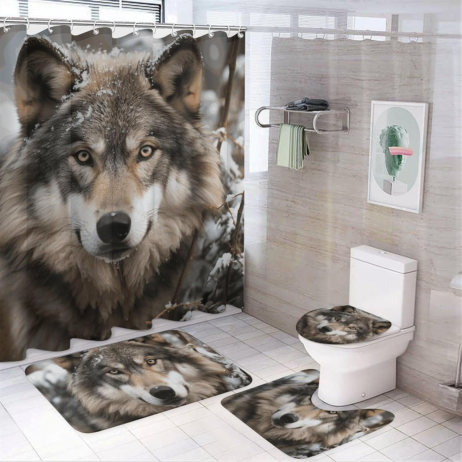 Lmage of Wolf in The Snow Shower Curtain Set 4 Piece, Non-Slip Bath Mat with Toilet Lid Cover and Waterproof Shower Curtain with 12 Hooks, Complete Bathroom Set for Home Decor