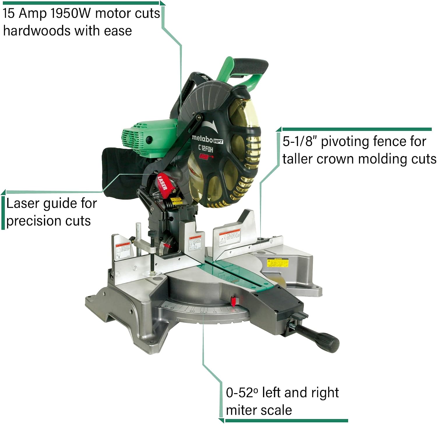 Metabo HPT 12-Inch Compound Miter Saw, Laser Marker System, Double Bevel, 15-Amp Motor, Tall Pivoting Aluminum Fence, 5 Year Warranty (C12FDHS)