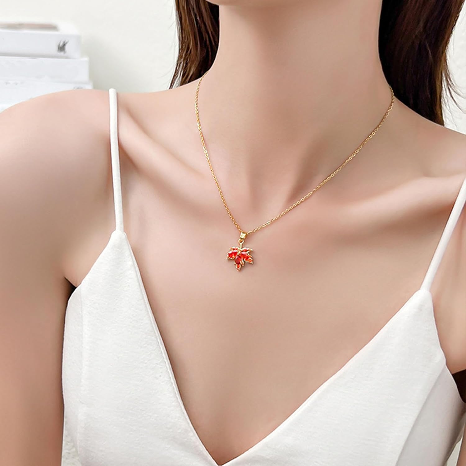 Maple leaf Dainty Chain Simple Pendant Necklace for Women Cute Cubic Zirconia Dangle Statement Thanksgiving Christmas Jewelry Gift - Image 4