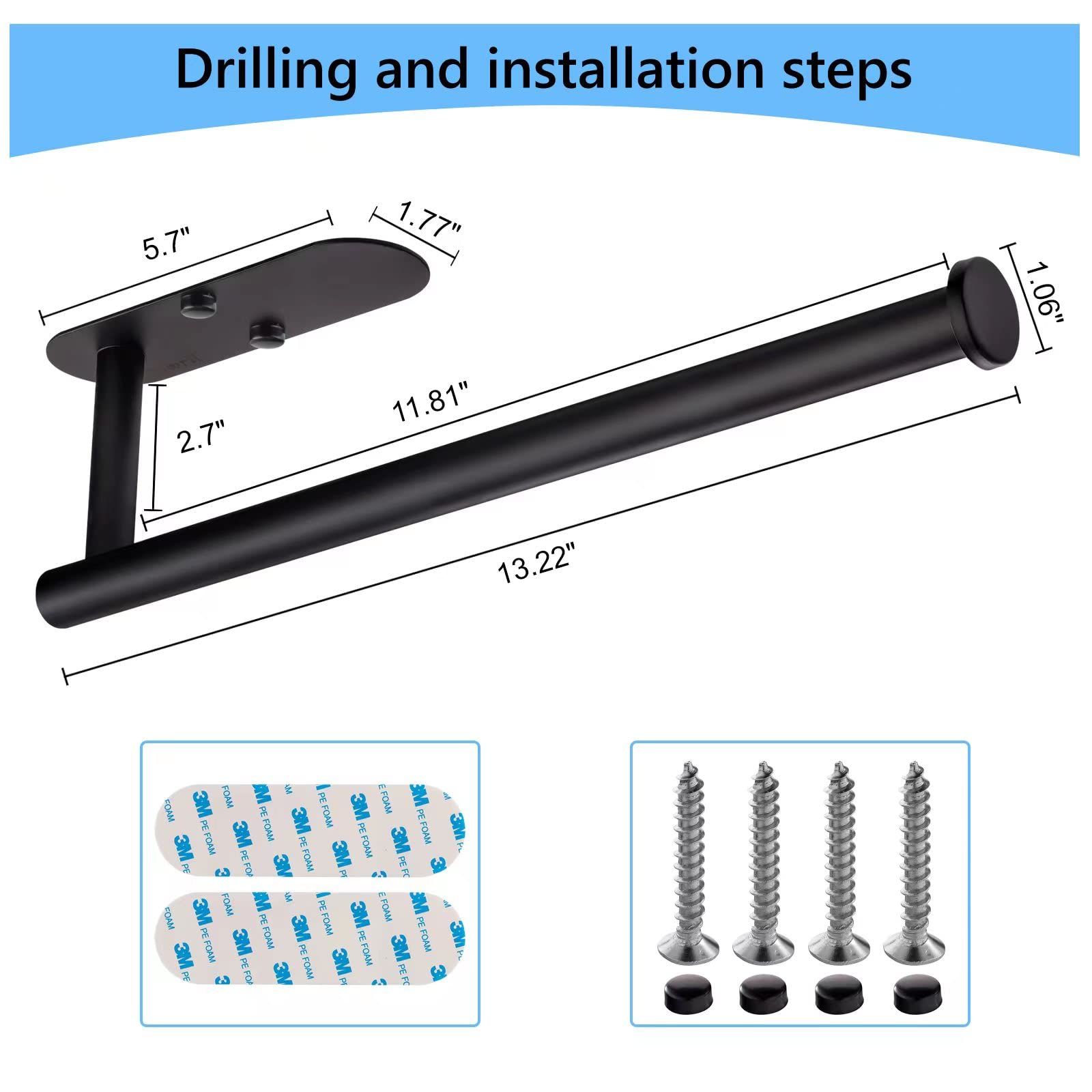 2 Pack Paper Towel Holders Under Cabinet, Self-Adhesive Paper Towel Bar,Paper Towels Rolls Holder Under Counter Wall Mount for Kitchen Bathroom Cabinets Towel Rack Stainless Steel - 13.2 (Black)