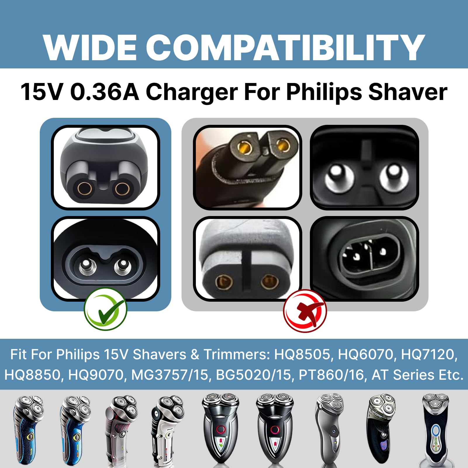 HQ8505 - Caricatore per rasoio Philips, 15 V, 1,5 m, compatibile con Philips 3000, 5000, 7000, 9000, MG7720, MG7745, QP6510, QP6651, S5588, HC5630, con spazzola per la pulizia della barba