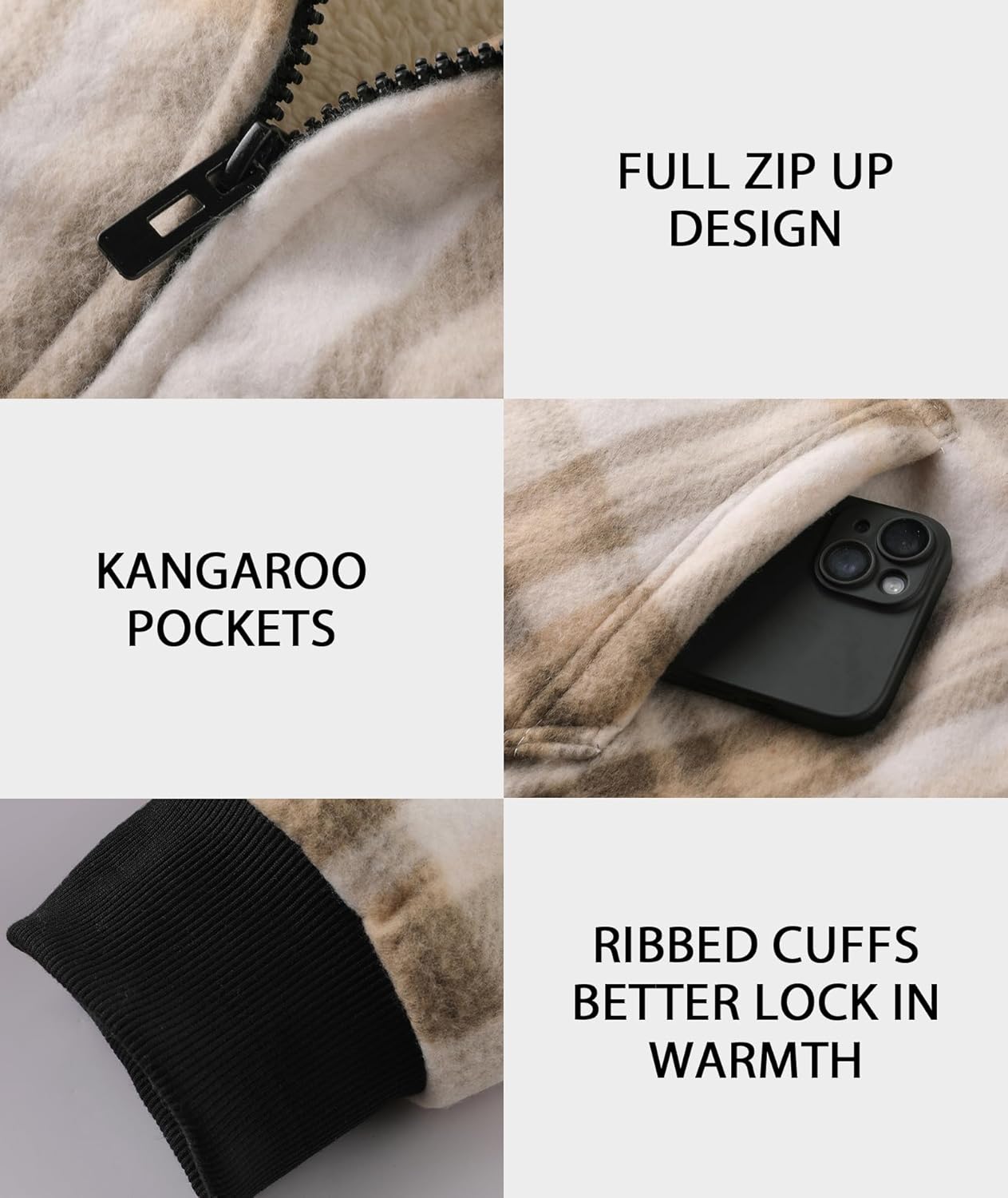 ZITY Heavy Thick Hoodies for Men Plaid Flannel Warm Sherpa Fleece Lined Winter Full Zip Up Coat - Image 5