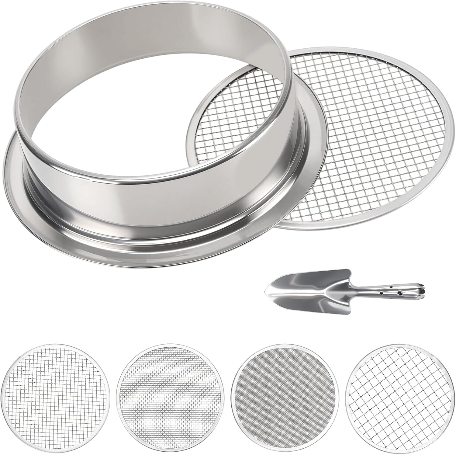 5-in-1 Garden Soil Sifter with 5 pcs (1,3,6,9,12mm) Sieve Meshes and Shovel, Stainless Steel Mesh Sifter for Sand Sifting, Compost Processing, Potting Mix