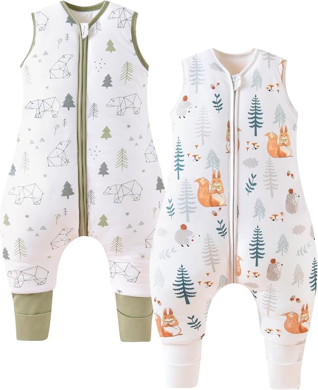Chilsuessy 2er Pack Baby Schlafsack mit Beinen 2.5 Tog Winter Schlafsack Unisex Ganzjahres Schlafsack mit Füßen Babyschlafsack, Eichhörnchen + Waldbär, 70cm/Baby Höhe 75-85cm