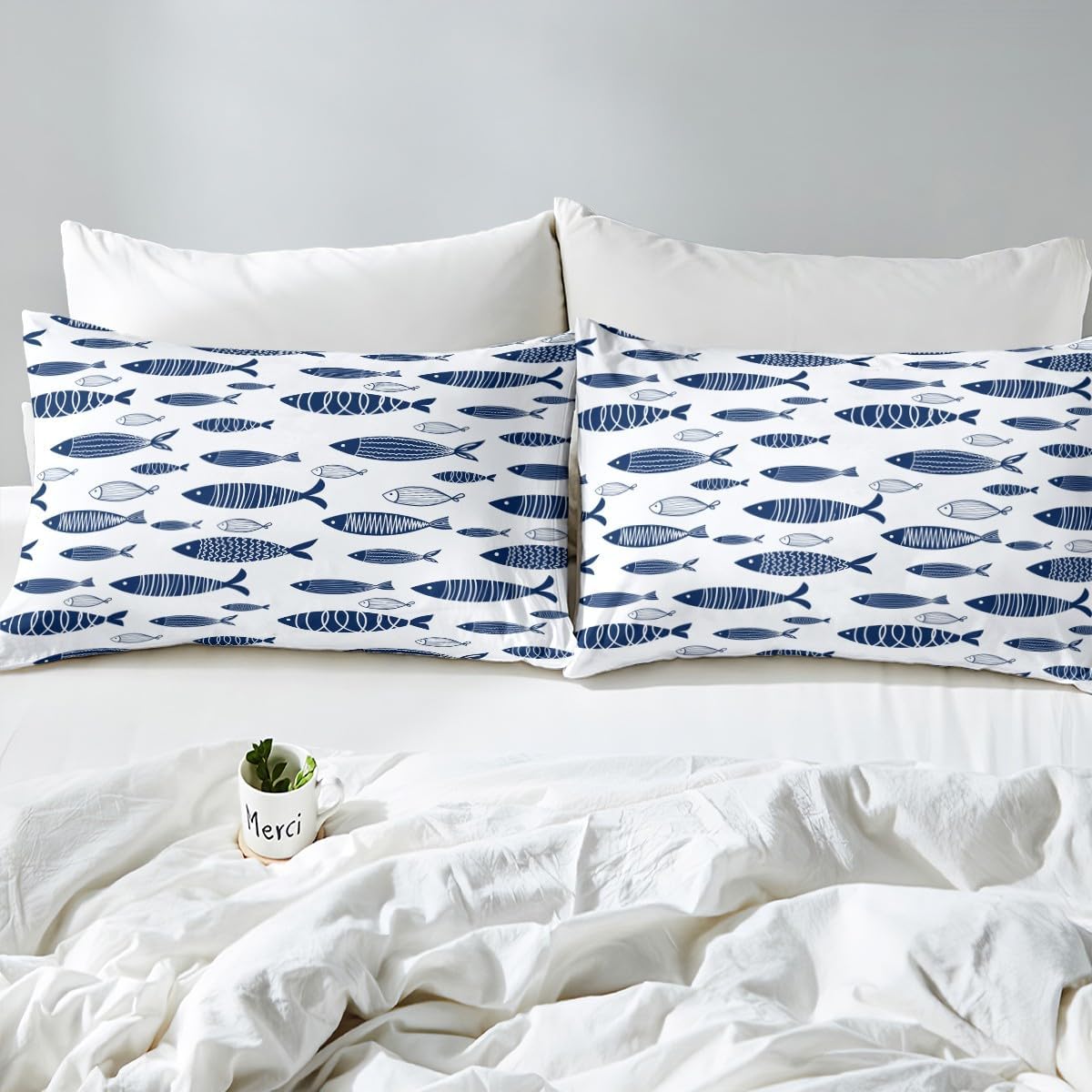 jejeloiu Cute Fish Bed Sheet Set Twin Size Ocean-Inspired Gifts for Men Teen Boys Decor Fitted Sheet Nautical Fish Design Bedding Set Breathable Soft Lightweight Microfiber Lake Themed Bedroom Decor