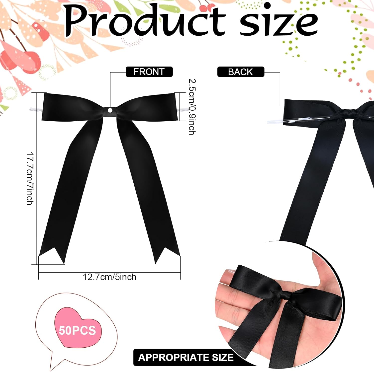 50 Pcs Twist Tie Bows 5x7 Inch Satin Ribbon Bows, Thin Ribbon Bow for Valentines Day Gift Wrapping Champagne Bottle Cake Decorations DIY Gift Wedding Baby Shower Birthday Party (Black) - Image 2