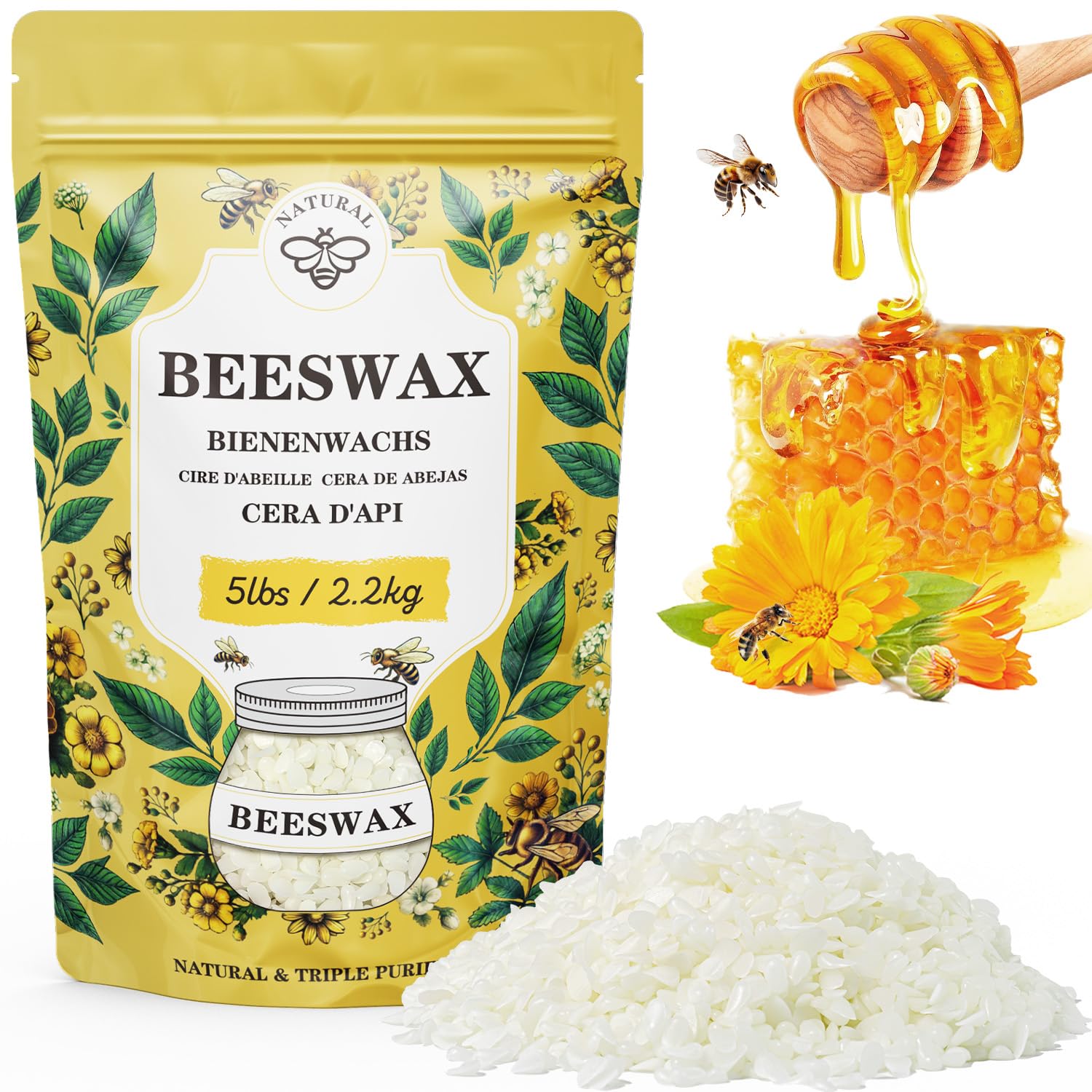 Beeswax pellets 5LB, VEGISHINE Pure and Natural White Beeswax for DIY Skin Care, Lip Balm, Polishing, Lotion, Soap, Candle Making Supplies