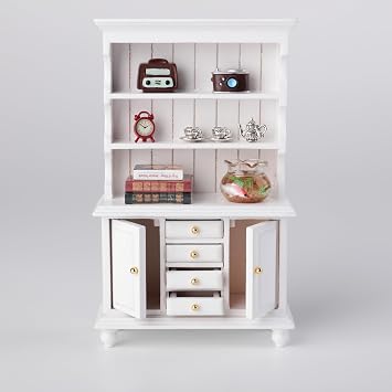 1/12 Dollhouse Cabinet Set, 11Pcs Dollhouse Furniture and Accessories | Wooden Bookshelf with Accessories (Alarm Clock, Fish Tank, Books, Coffee Cups) for Living Room,Dining Room,Study