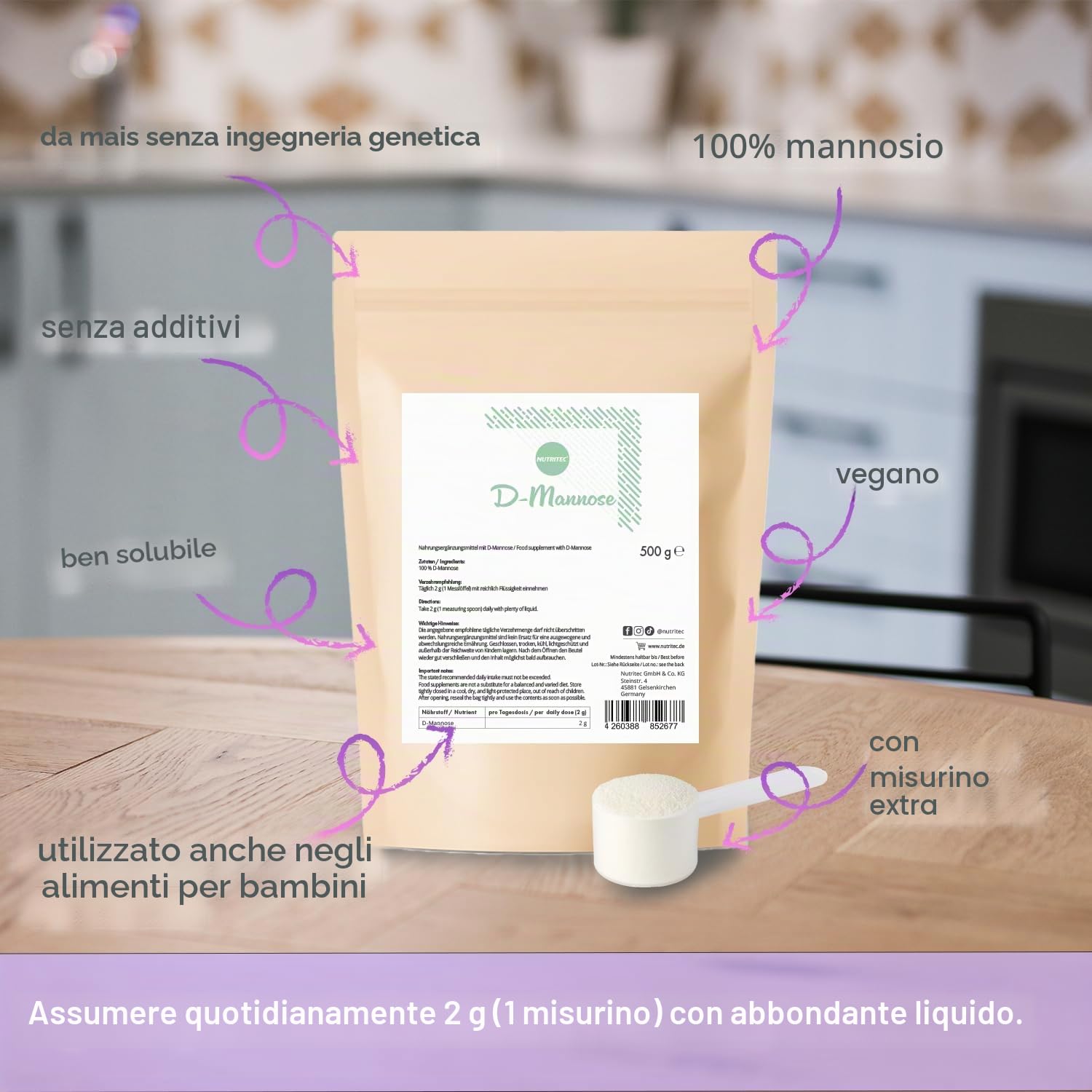Polvere di mannoso pura da 500 g, con cucchiaio dosatore, senza additivi, qualità tedesca, ad alto dosaggio, ben solubile, vegano, senza OGM Nutritec