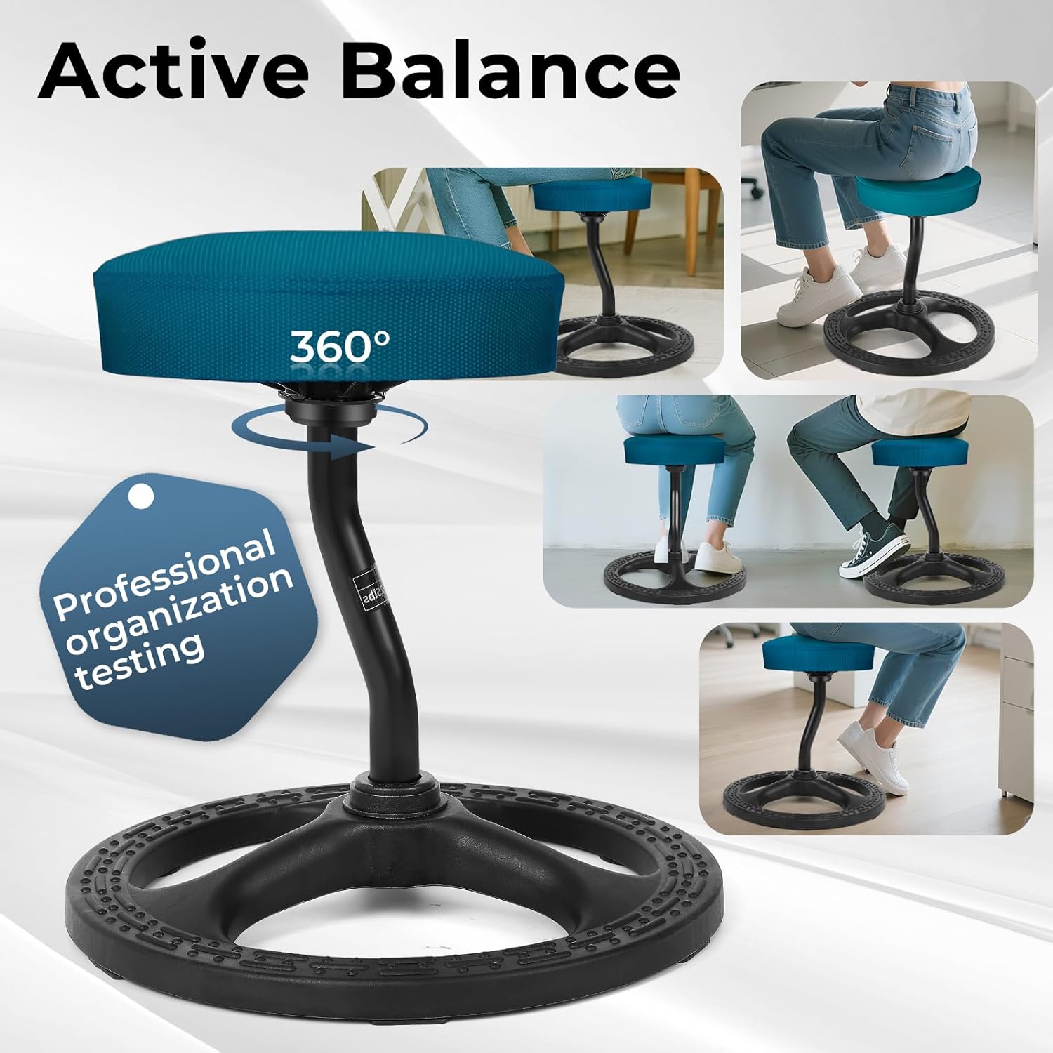Fitness Seat, ADHD Chair Stool, Stability, Balance, Yoga, Ergonomic Health Stool with Non-Slip Base and Washable Seat Cover - Black (Blue, 19″)