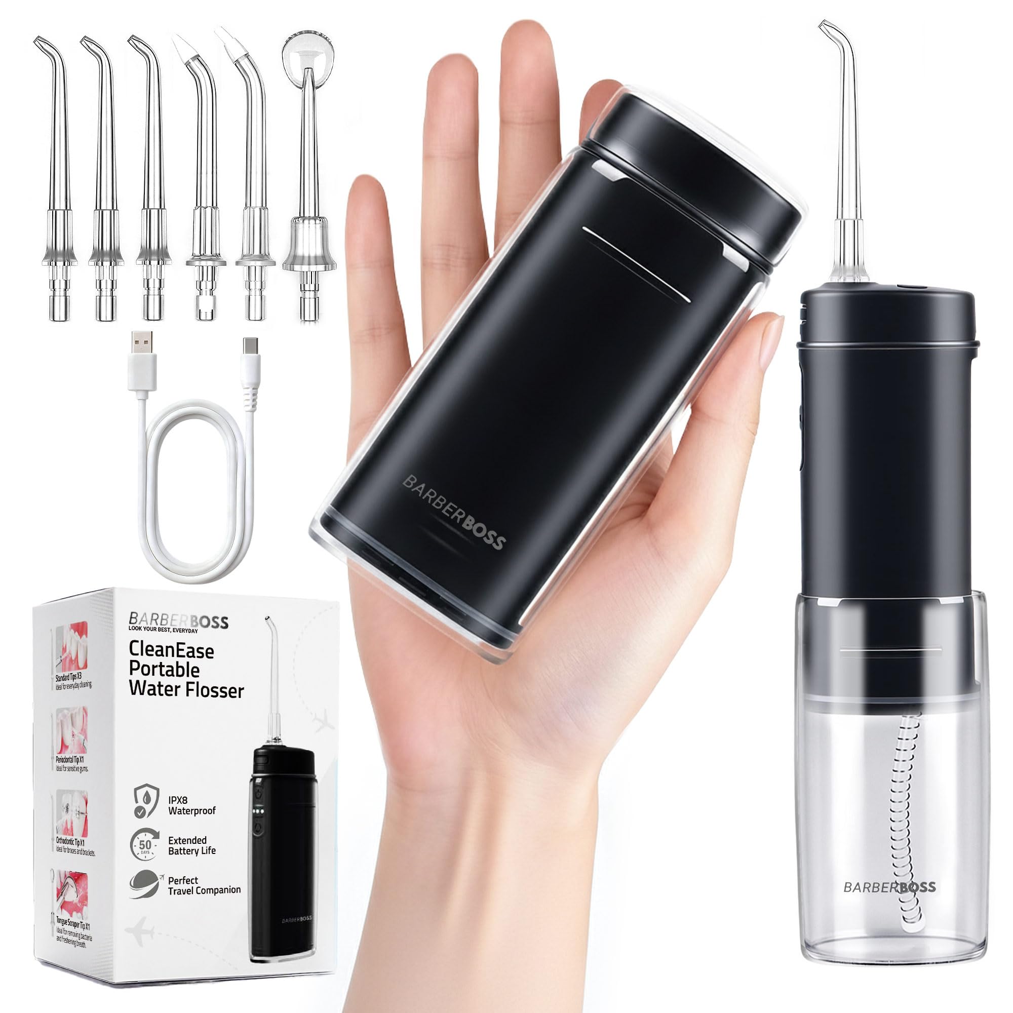 BarberBoss Idropulsore portatile, irrigatore orale senza fili da viaggio, 3 livelli di pressione, 6 punte, serbatoio dell'acqua telescopico IPX8, idropulsore ricaricabile USB-C, QR-7112 (Nero)