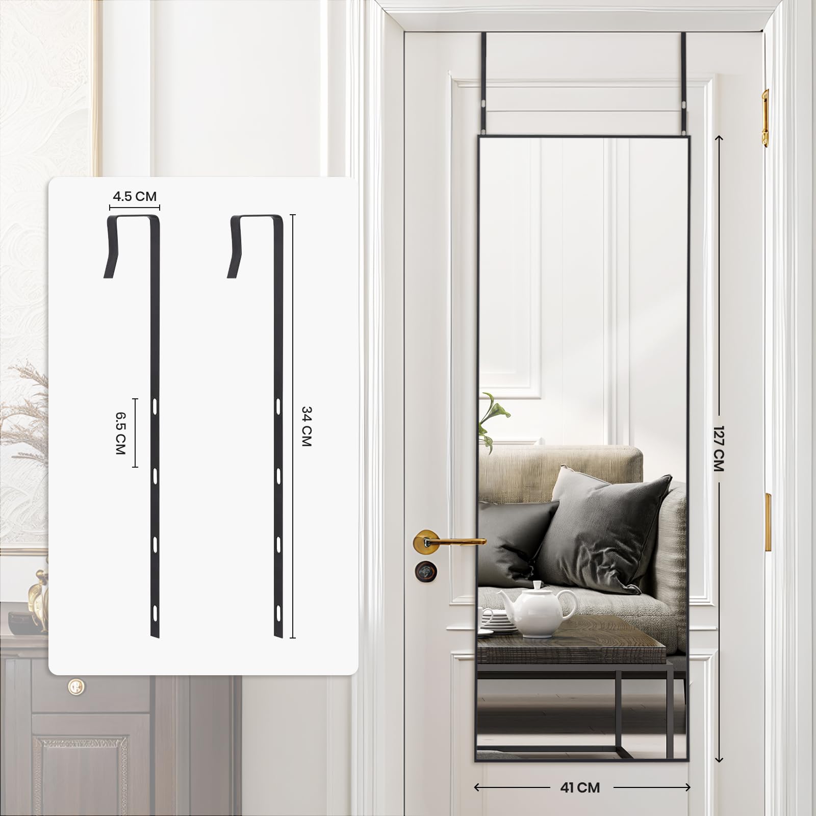 MIRUO Over de deur spiegel wandspiegel dressing make-up volledige lengte hangende deur spiegel polystyreen frame voor badkamer, slaapkamer, woonkamer, slaapzaal en meer (zwart, 47 x 18