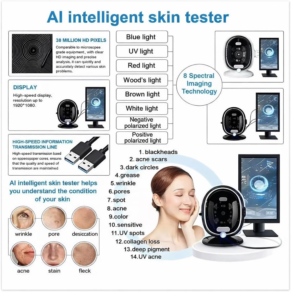 Skin Analysis Machine,13.3" Skin Analyzer,Professional Skin Analysis,8-Spectral Imaging,38 Million Pixels,20 Test Items,Wi-Fi Connection,for Salons & Spa,Healthy Skin Care A