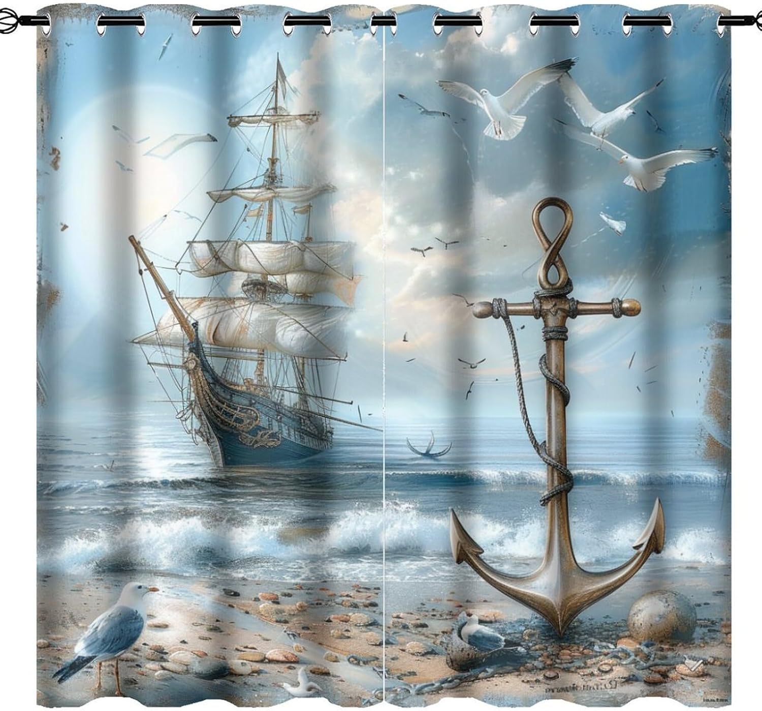 Watercolor Nautical Theme Anchor Perforated Curtains Top Grommets Curtain,Abstract Beach Sea Animals Seagulls Pirate Ship Prints Curtains Blackout Curtain-2 Panels 45" L x21 W