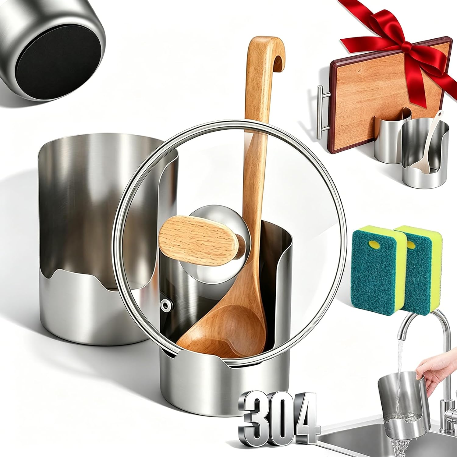 Multi-Functional Kitchen Utensil Holder, 2026 New Thickened Stainless Steel Spoon & Lid Organizer Tool, Utensil Caddy for Kitchen Counter, Pot Lids, Spatulas, Cutting Boards, Space-saving (2pcs)