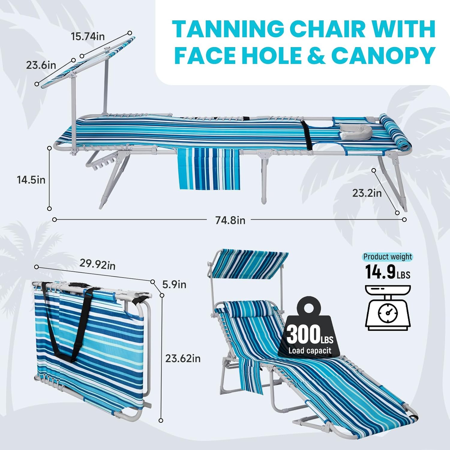 #wejoy 3 in 1 tanning chair with face hole & canopy, 300 lbs heavy duty 5 positions folding face down lounge chairs outdoor with pillow & storage bag portable for pool beach lawn camping (bluestrips) shadeelite pro 5 position canopy & face hole deluxe-face hole & canopy bluestrips