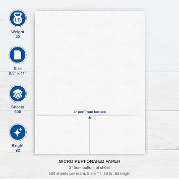 PrintWorks Professional 3 Horizontal Perforated Paper 8.5 x 11 - Perfect For W-2, 1099, Statement Use - Made in the USA - 500 Sheets - 20 lb - Printer Compatible - White (04167)