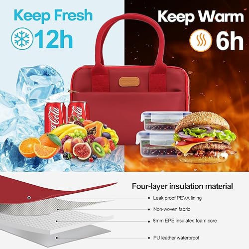 Miniatura 6 de Lonchera pequeña para mujer, elegante bolsa de almuerzo de cuero con amplia apertura, lonchera moderna, bolsa térmica con asa de transporte con